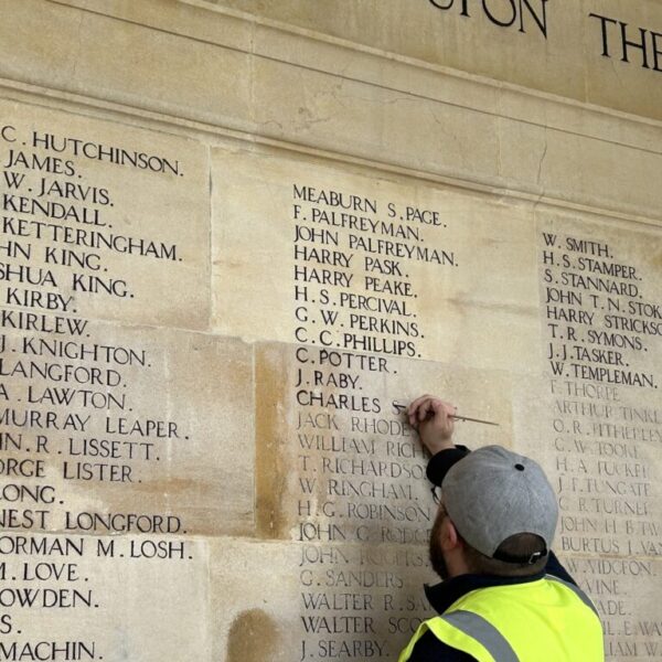 Conserving inscriptions at Spalding War Memorial.
