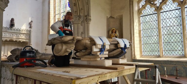 Skillingtons host rare chance to see conservation of medieval monuments at St Andrews Church, Wingfield, Suffolk.