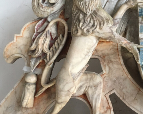 Heraldic manticore with paint traces, from monument at Bradgate Chapel, Leicestershire, during conservation