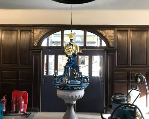 Conserved font cover reinstalled at Holy Trinity Church, Sunderland, after conservation, repainting and regilding Conserved font cover reinstalled at Holy Trinity Church, Sunderland, after conservation, repainting and regilding