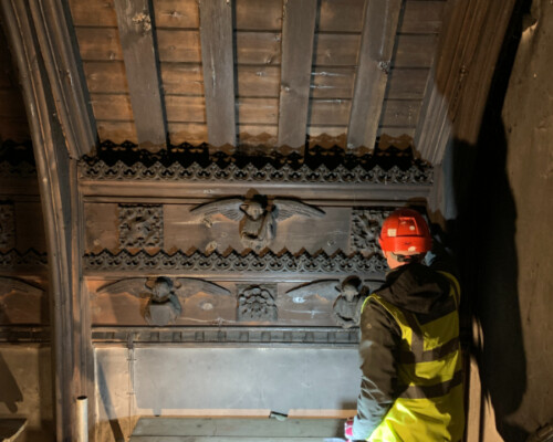 Cleaning of roof timbers at Wimbotsham Church, which was fire-damaged in 2019 Cleaning of roof timbers at Wimbotsham Church, which was fire-damaged in 2019