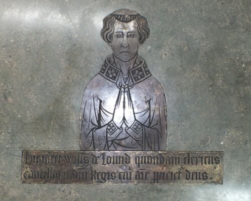 Monumental brass to William de Lound from St Oswald's Church, Althorpe, Lincolnshire, after conservation