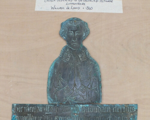 Monumental brass to William de Lound from St Oswald's Church, Althorpe, Lincolnshire, before conservation