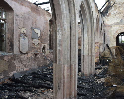 Fire-ravaged remains of Beachamwell Church, Norfolk, in 2022. Fire-ravaged remains of Beachamwell Church, Norfolk, in 2022.