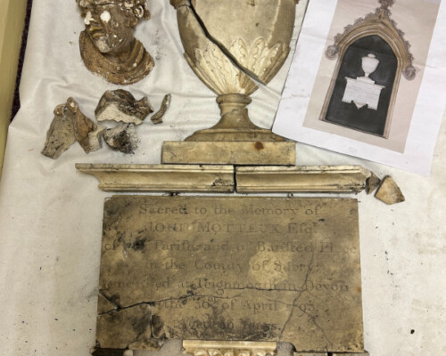 Fire-damaged monument from Beachamwell Church, Norfolk, before restoration. Fire-damaged monument from Beachamwell Church, Norfolk, before restoration.