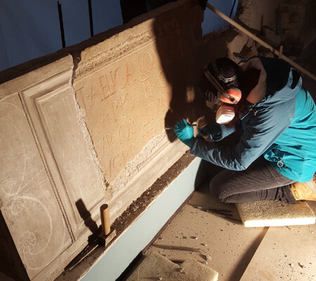 Installation of artefacts at Corbridge Roman Town museum, Hadrian's Wall.