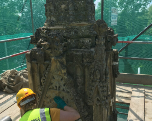 Carrying out lime mortar repairs at high level on Northampton's Eleanor Cross, 2019. Carrying out lime mortar repairs at high level on Northampton's Eleanor Cross, 2019.