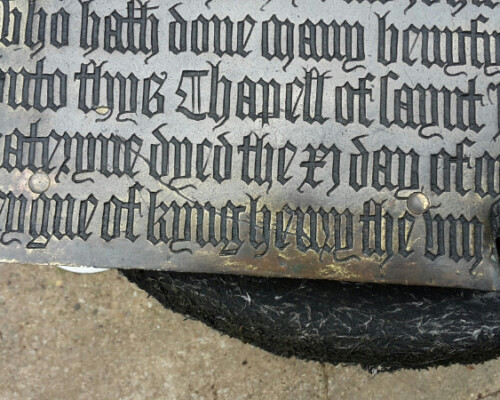 Detail from deteriorated monumental brass from Great Berkhamsted church, Hertfordshire, after conservation