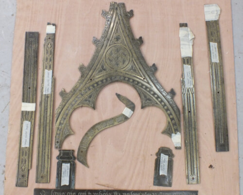 Monumental brass from Great Bromley church, Essex, before conservation