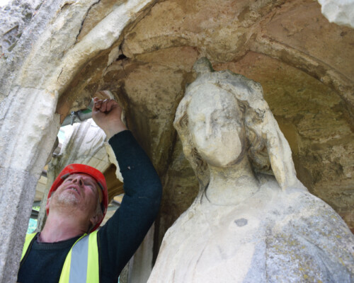 Inspecting the west statue on Northampton's Eleanor Cross, 2019. Inspecting the west statue on Northampton's Eleanor Cross, 2019.