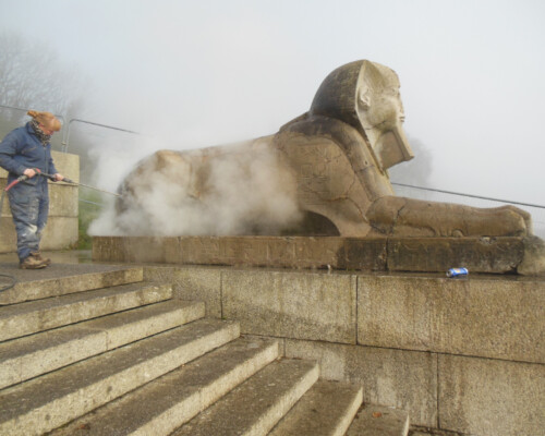 Sphinx at Crystal Palace during cleaning.