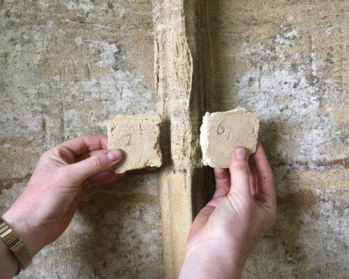 Matching lime mortar 'biscuits' to the stone of Northampton's Eleanor Cross during conservation, 2019. Matching lime mortar 'biscuits' to the stone of Northampton's Eleanor Cross during conservation, 2019.