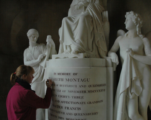 Re-touching the inscription to Elizabeth Montagu's monument by Roubilliac in St Edmund's Church, Warkton, Northamptonshire Re-touching the inscription to Elizabeth Montagu's monument by Roubilliac in St Edmund's Church, Warkton, Northamptonshire