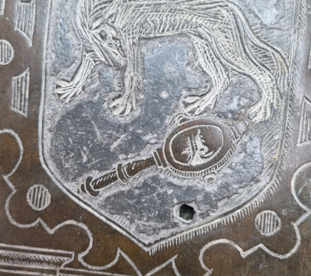 Detail from a monumental brass at Tisbury Church, Wiltshire, conserved during 2024-26