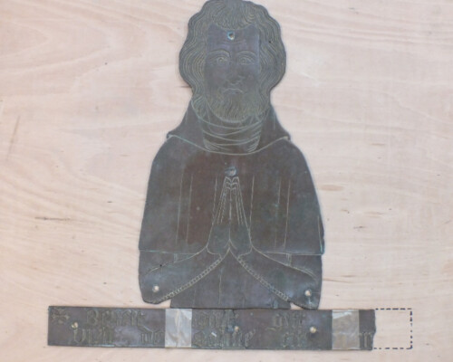 Monumental brass to Beneit Engliss from Nuffield Church, Oxfordshire, during conservation