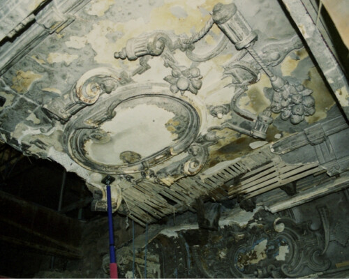 Fire-damaged plasterwork ceilings at Stoke Rochford Hall, which Skillingtons helped to rescue in 2005. Fire-damaged plasterwork ceilings at Stoke Rochford Hall, which Skillingtons helped to rescue in 2005.