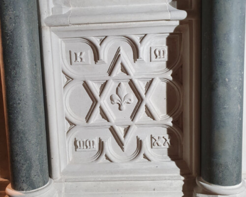New panel installed in the restored St Amphibalus Shrine, St Alban's Cathedral.