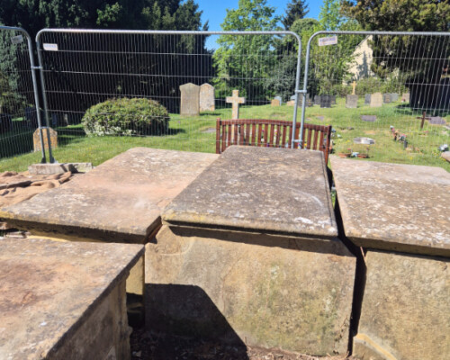 Group of tombs in Stretton on Dunsmore churchyard, Warwickshire, before conservation