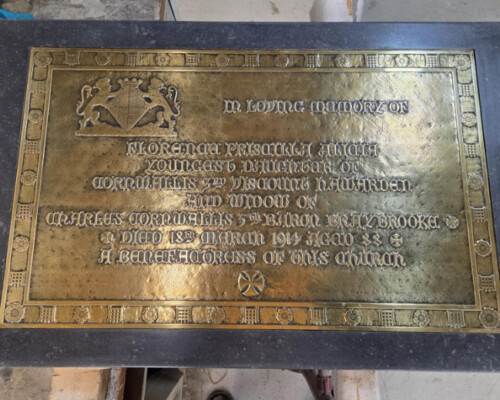 Conserved brass memorial to Florence Cornwallis, from St Mary the Virgin Church, Saffron Walden, Essex