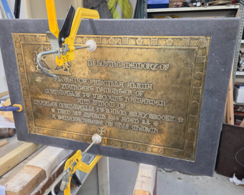 Conservation of the brass memorial to Florence Cornwallis, from St Mary the Virgin Church, Saffron Walden, Essex